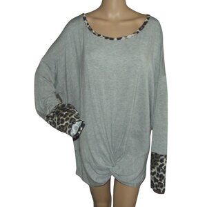 Shirt Womens 3X Gray Heather Brown Animal Print twist knotted front long sleeve